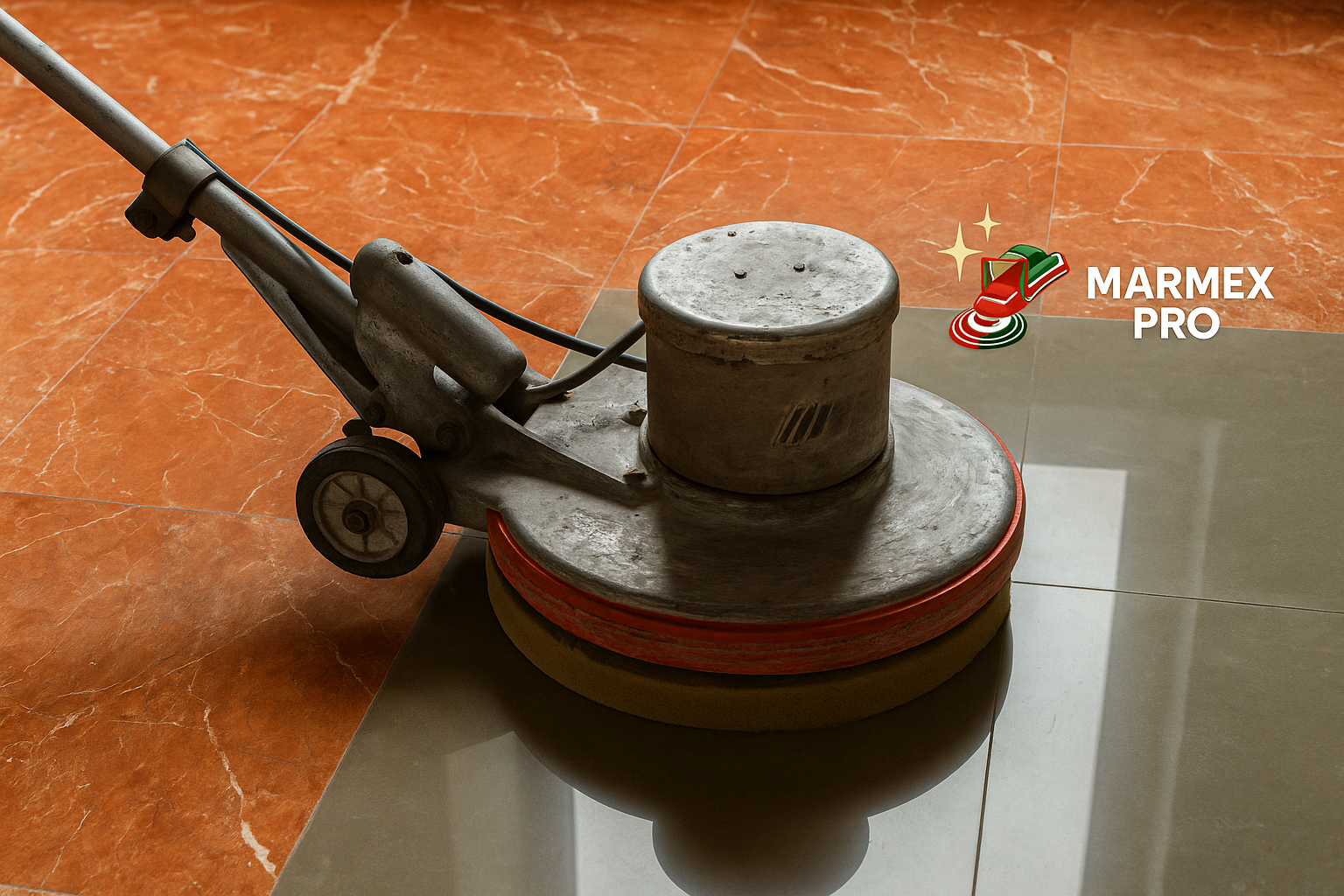 Trabajador realizando pulido profesional en piso de mármol
